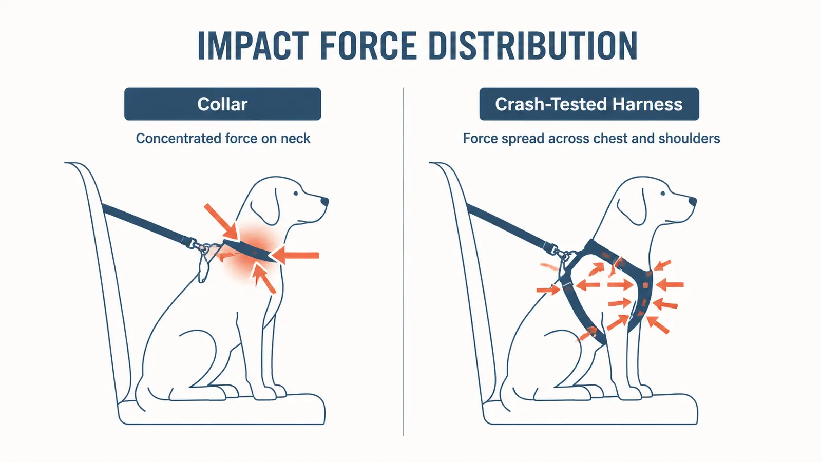 Diagram comparing forces on a dog in a crash with a collar versus a crash-tested harness