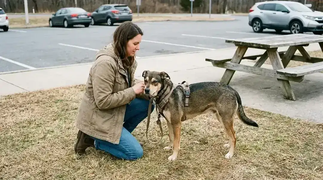 Woman and her dog at a highway rest stop, dog in harness on a leash, safe and relaxed