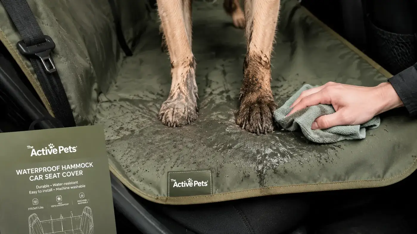 Muddy dog paw prints on a waterproof hammock seat cover, paws being wiped with a towel