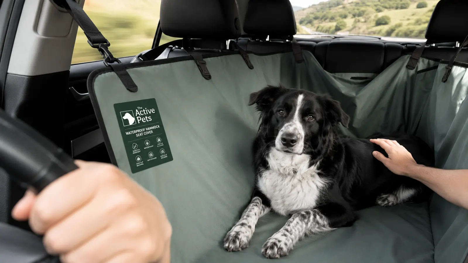 Dog resting safely on backseat hammock while car is in motion, hammock stretched between front and rear seat headrests