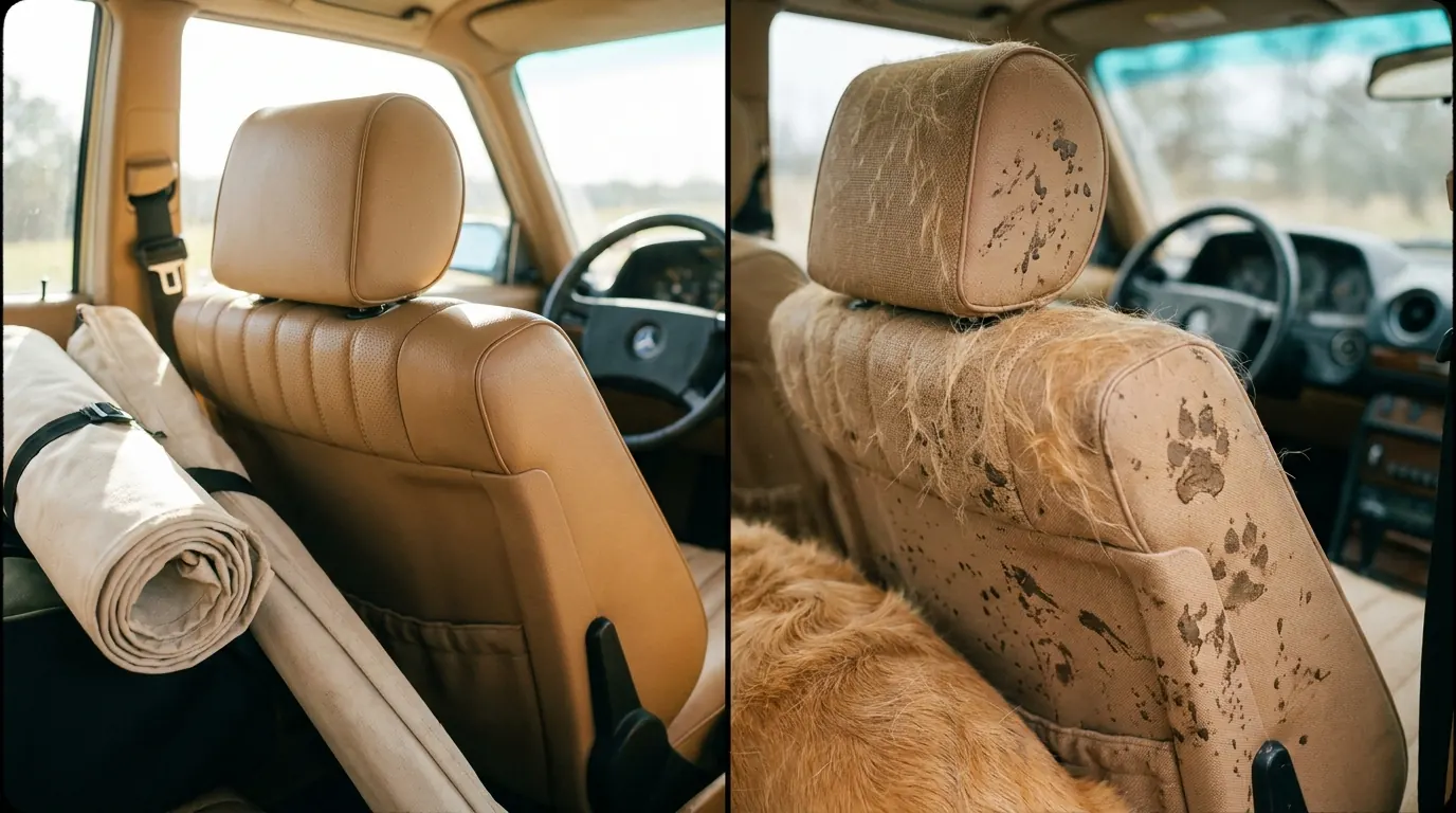 Clean car backseat with hammock rolled up neatly beside it, contrasted with a dirty car seat showing dog hair