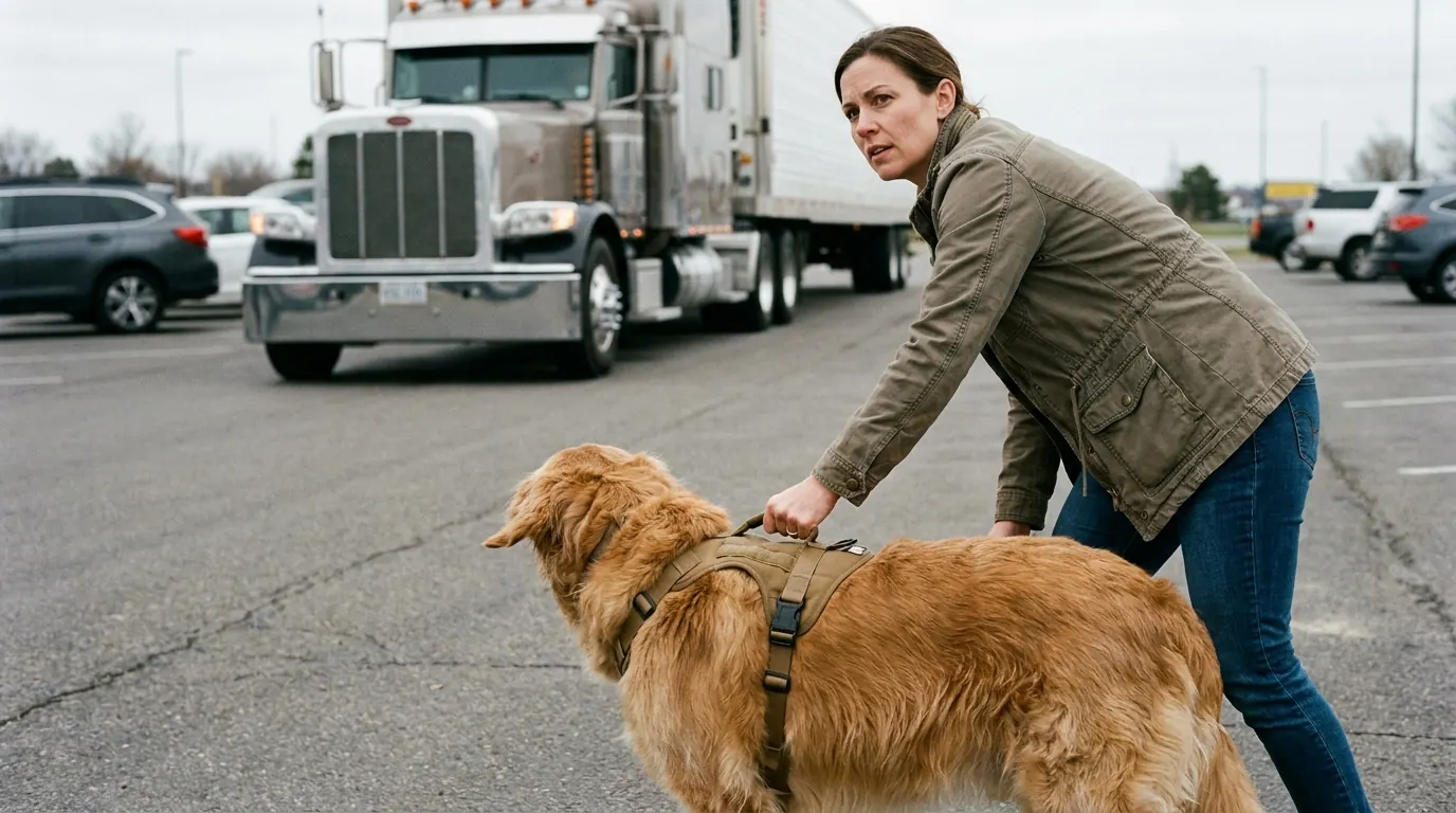 Dog owner gripping the top handle of a harness to guide a large dog away from truck traffic at a rest stop