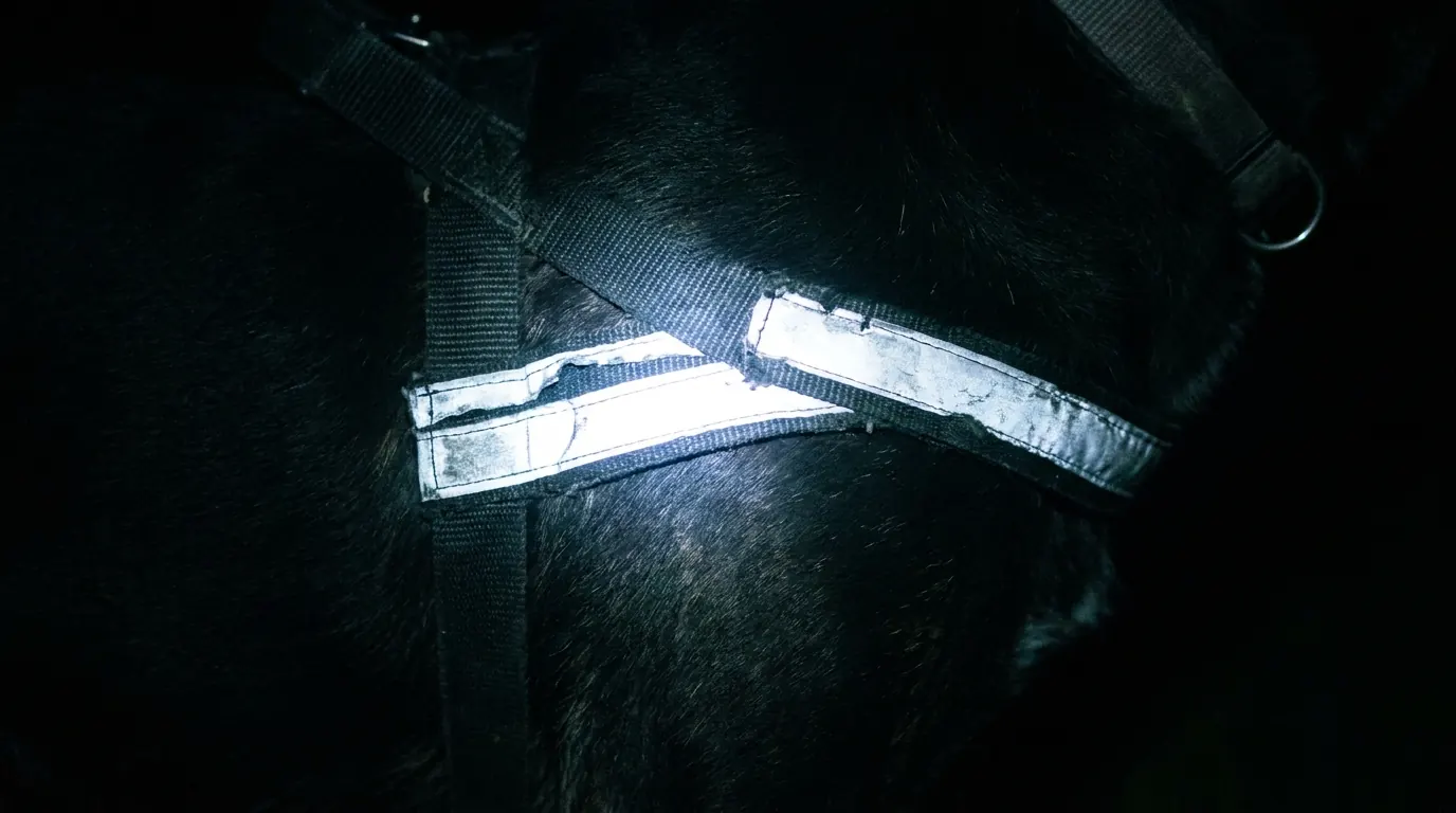 Reflective strips on a dog harness glowing in headlights at a dark rural rest stop with no overhead lighting