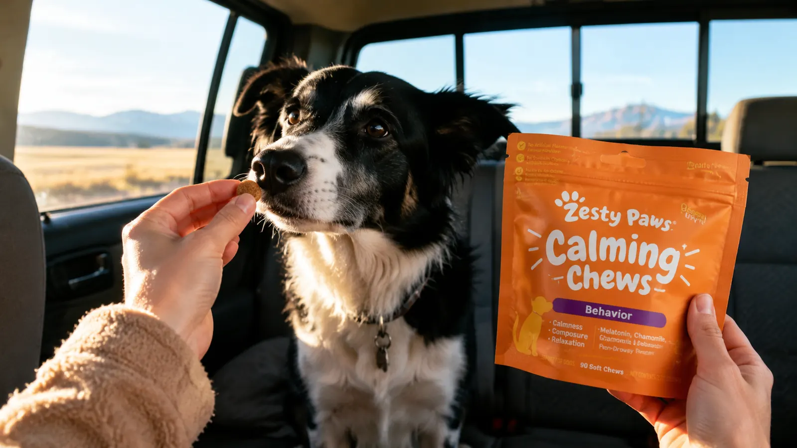 Dog owner's hand offering a soft chew treat to a dog in the back seat of a truck