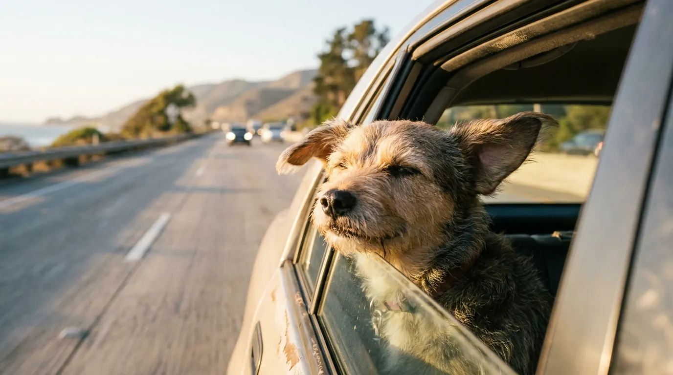 Happy dog looking out the window of a moving vehicle, ears relaxed, tongue out