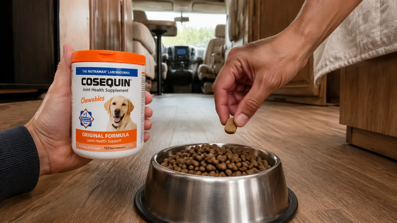 Person's hand dropping a Cosequin chew tablet into a stainless steel dog bowl on the floor of an RV
