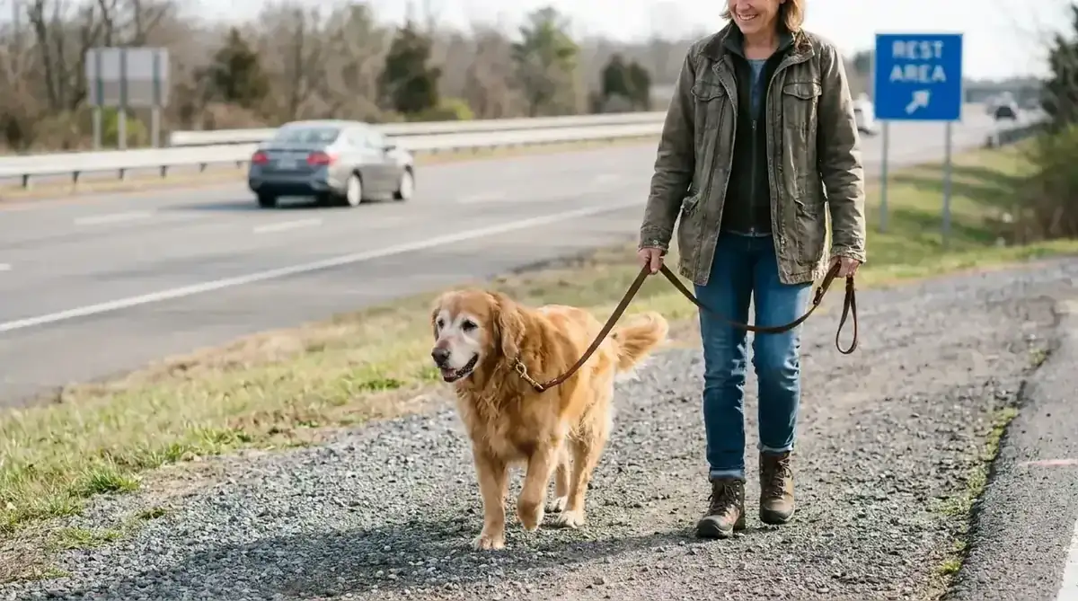 Senior golden retriever walking confidently on a hiking trail at a highway rest stop
