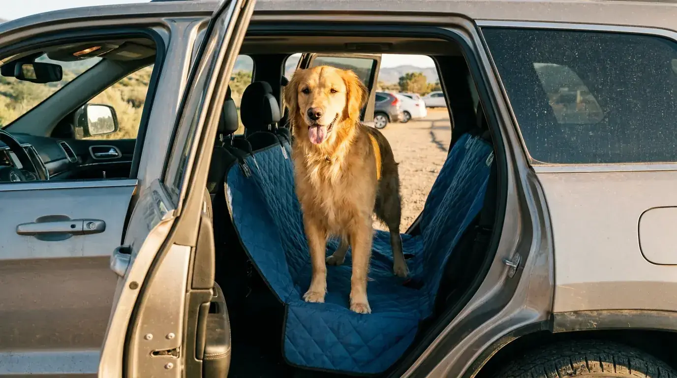 Dog standing in back of a car on a hammock seat cover at an outdoor parking area near a trail