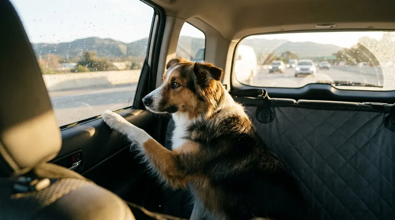 Border collie mix looking out the rear window of an SUV, hammock cover visible underneath her