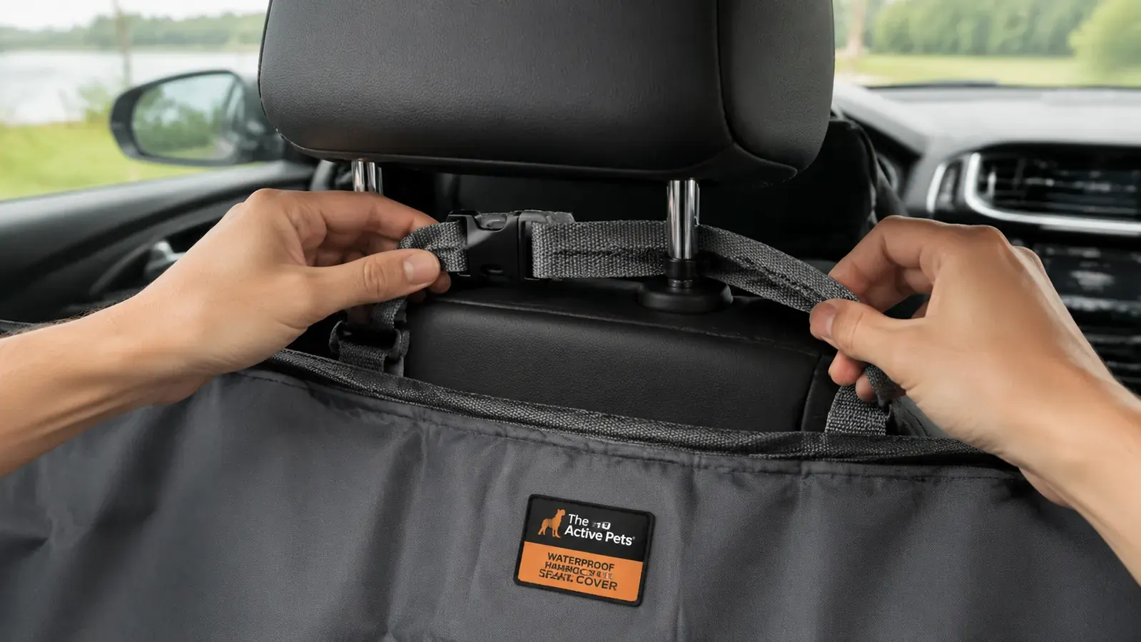 Hands adjusting the headrest anchor straps of a dog hammock seat cover on a car seat