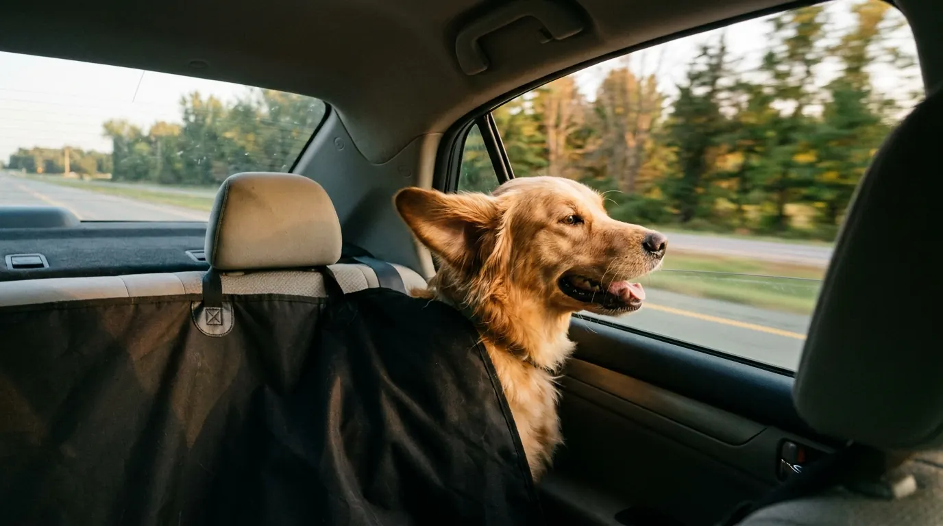 Golden retriever looking out the window from a protected backseat hammock on a road trip
