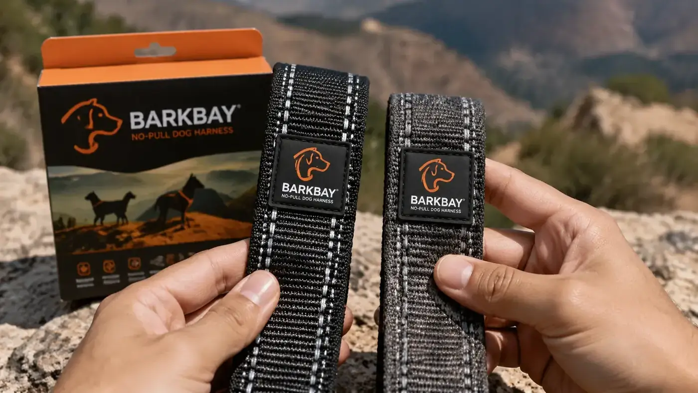 Hand holding a section of reflective harness strap, comparing the brightness of a new strap versus a faded one side by side