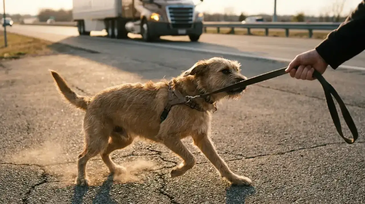 Dog on a leash being redirected sideways toward its handler at a rest stop, front-clip harness visible on chest