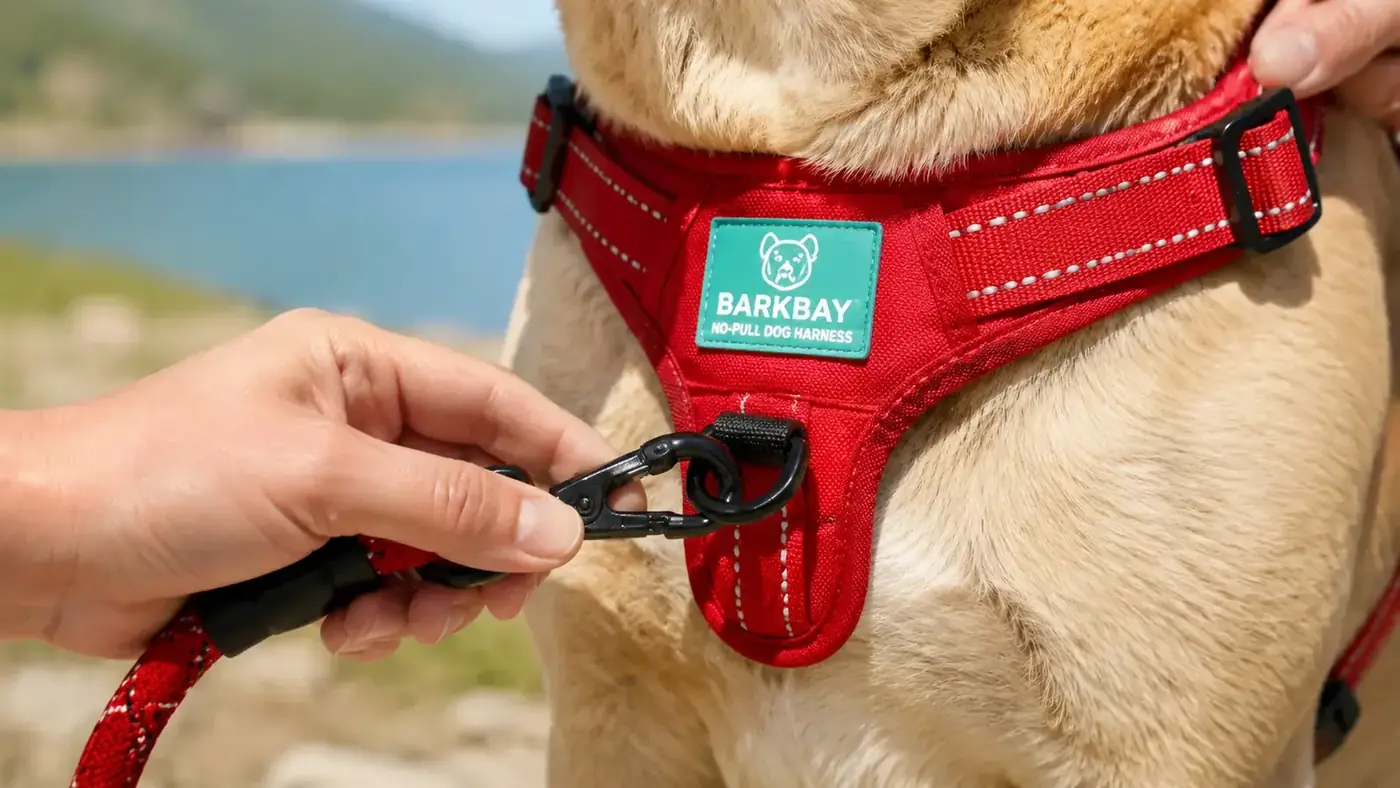 Hand clipping a leash to the front chest ring of a dog harness, close-up on the metal D-ring and reflective stitching