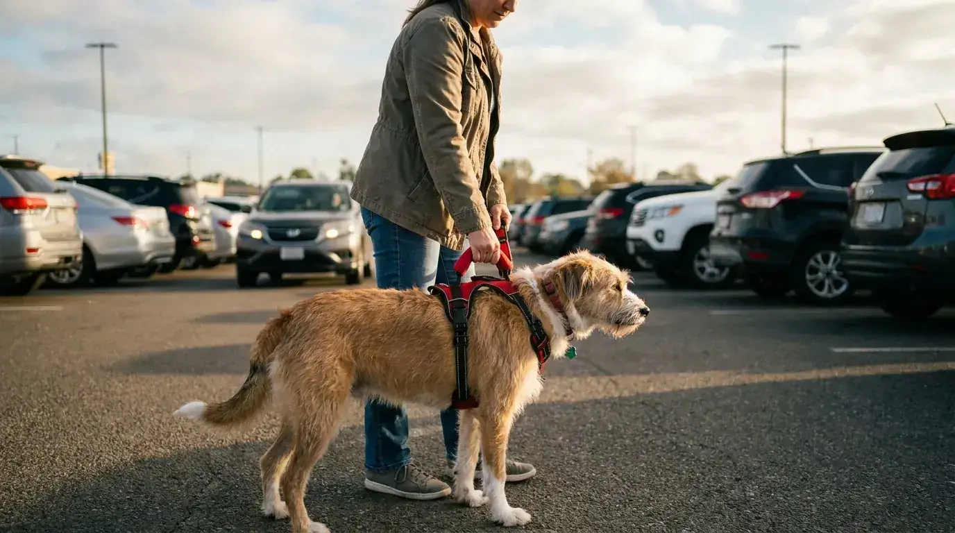 Woman gripping the top handle of a dog harness while her dog stands calmly beside her at the edge of a parking lot