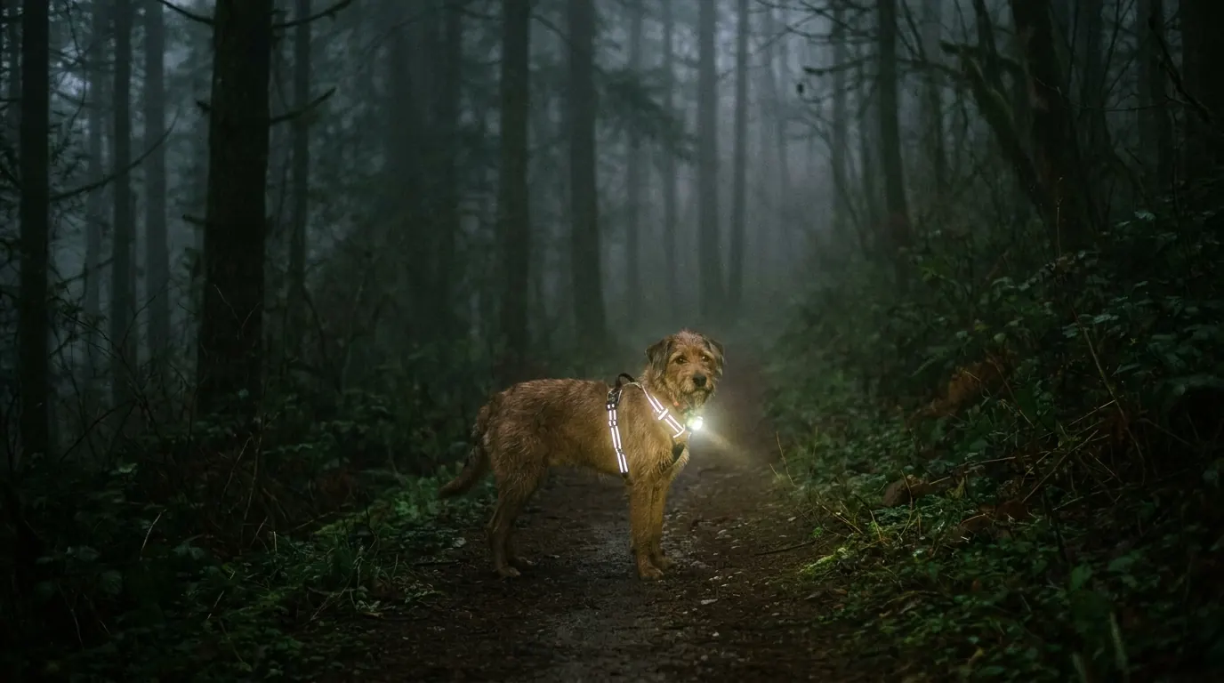 Dog wearing a reflective harness on an early morning trail, reflective strips catching the light from a headlamp