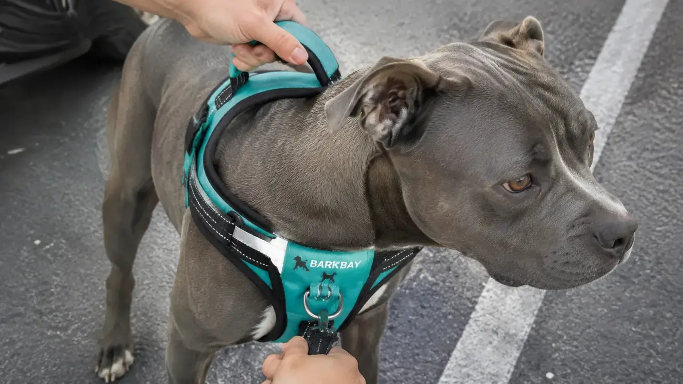 Close-up of BARKBAY harness front clip and top handle on a dog in a parking lot