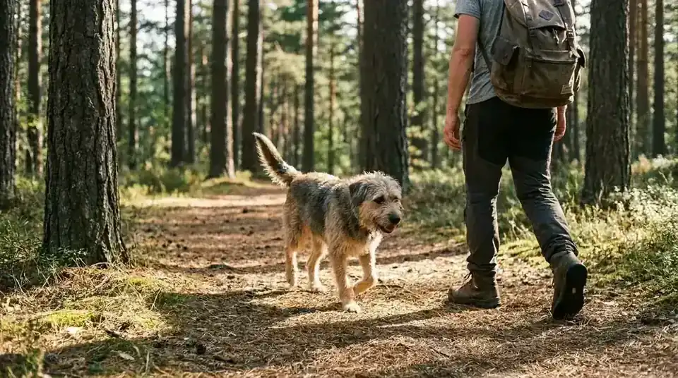 Dog on a forest trail wearing a hiking harness, trotting alongside a person