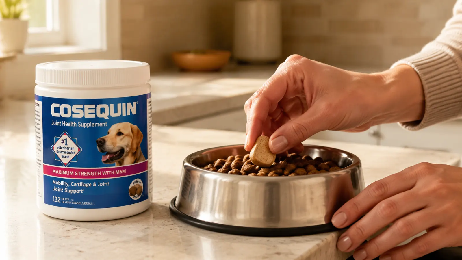 Hand holding a Nutramax Cosequin chew tablet over a stainless dog bowl filled with kibble