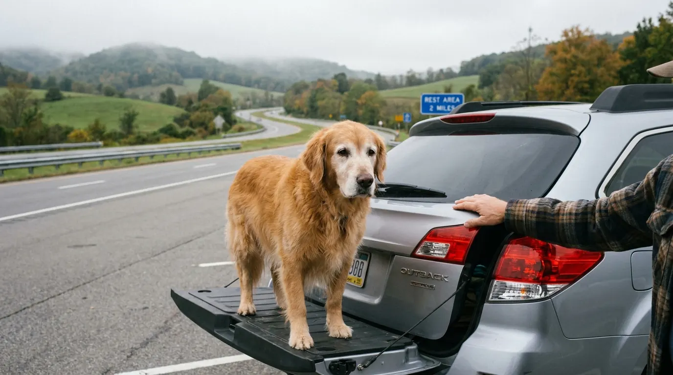 Golden retriever standing at the open cargo area of a silver SUV on a highway rest stop, looking ready to jump in