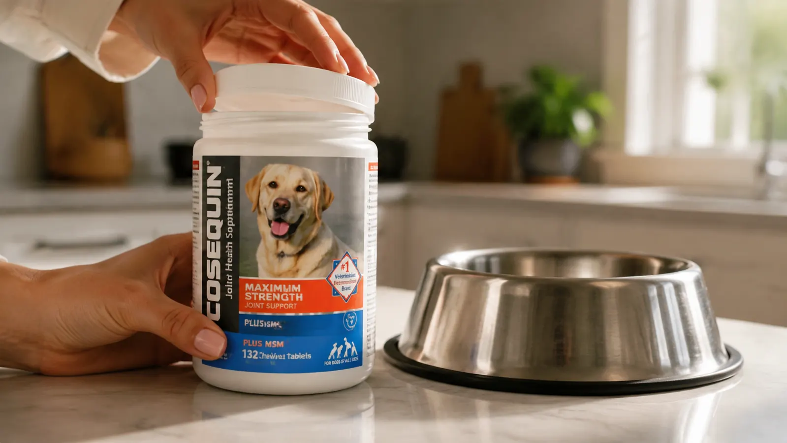 Hand opening a Cosequin supplement container next to a dog food bowl on a kitchen counter