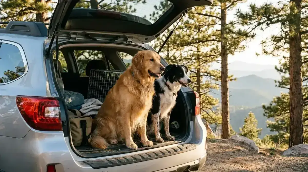 A golden retriever and a black-and-white border collie mix in the back of an SUV at a mountain pullout