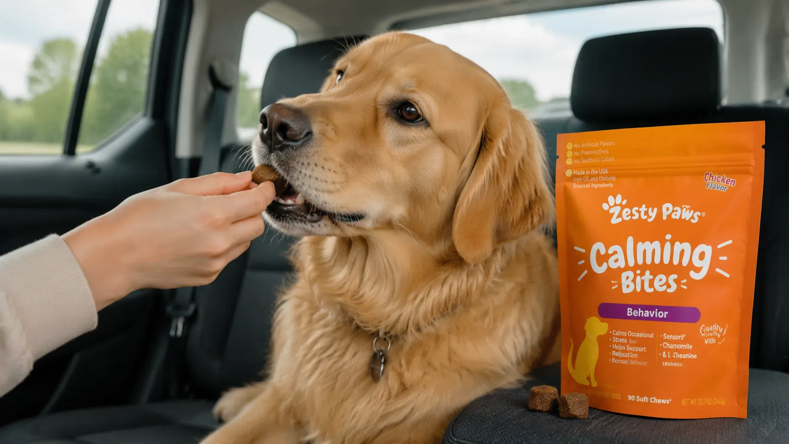 Hand offering a soft calming chew treat to a dog in a car backseat