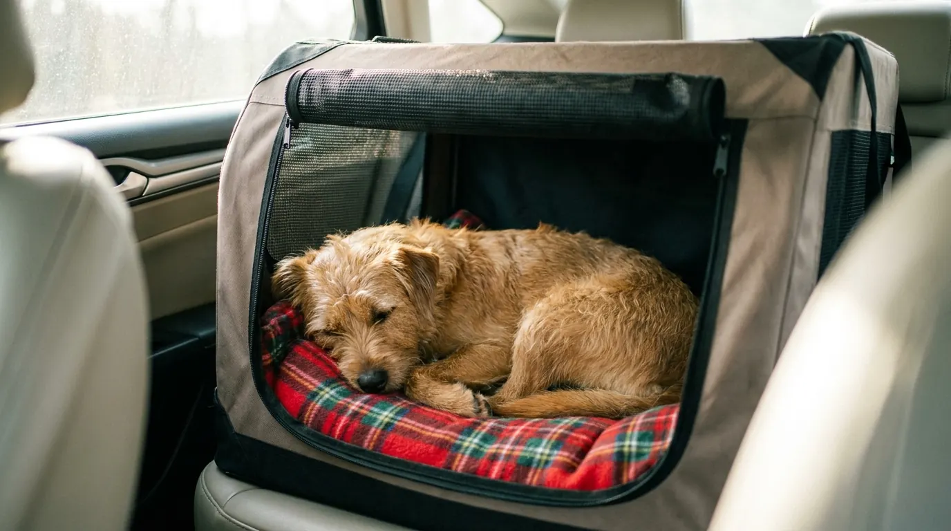 Dog in a secured travel crate with a familiar blanket inside a vehicle