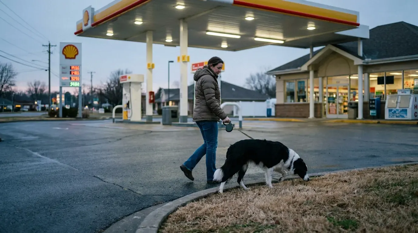 Dog owner walking an anxious dog at a gas station rest stop, dog on leash looking calm