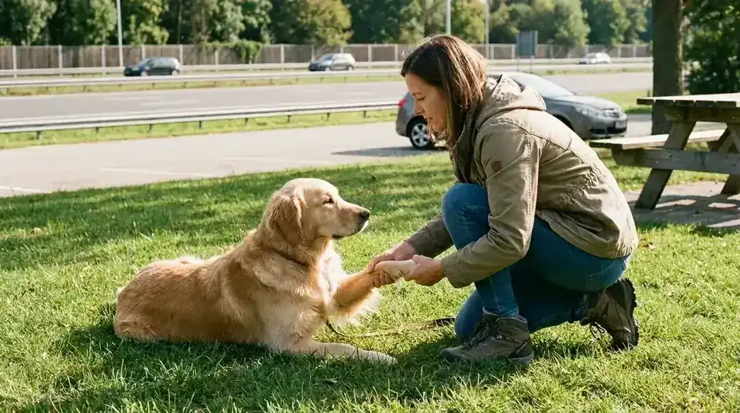 Woman kneeling beside a golden retriever on a grass shoulder at a highway rest stop, gently moving the dog's front leg in a slow stretch