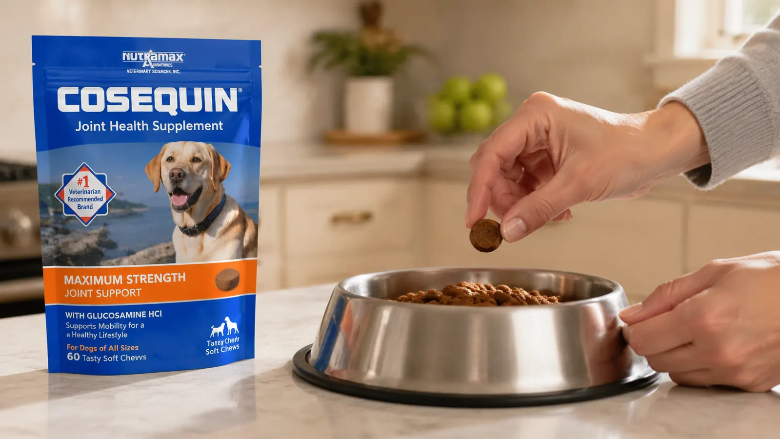 Close-up of a hand placing a Nutramax Cosequin soft chew on top of kibble in a stainless steel dog bowl