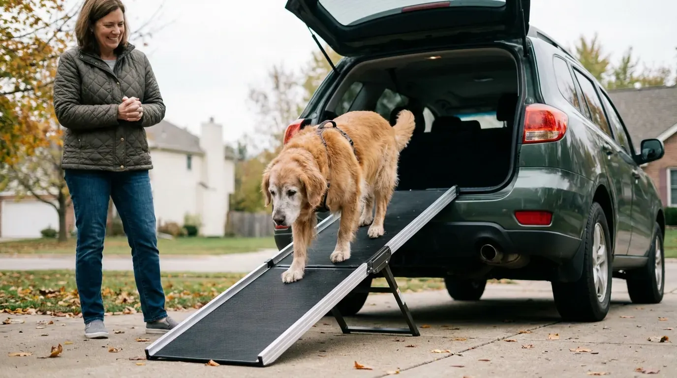 Golden retriever walking a ramp from a car hatch to the ground on a driveway