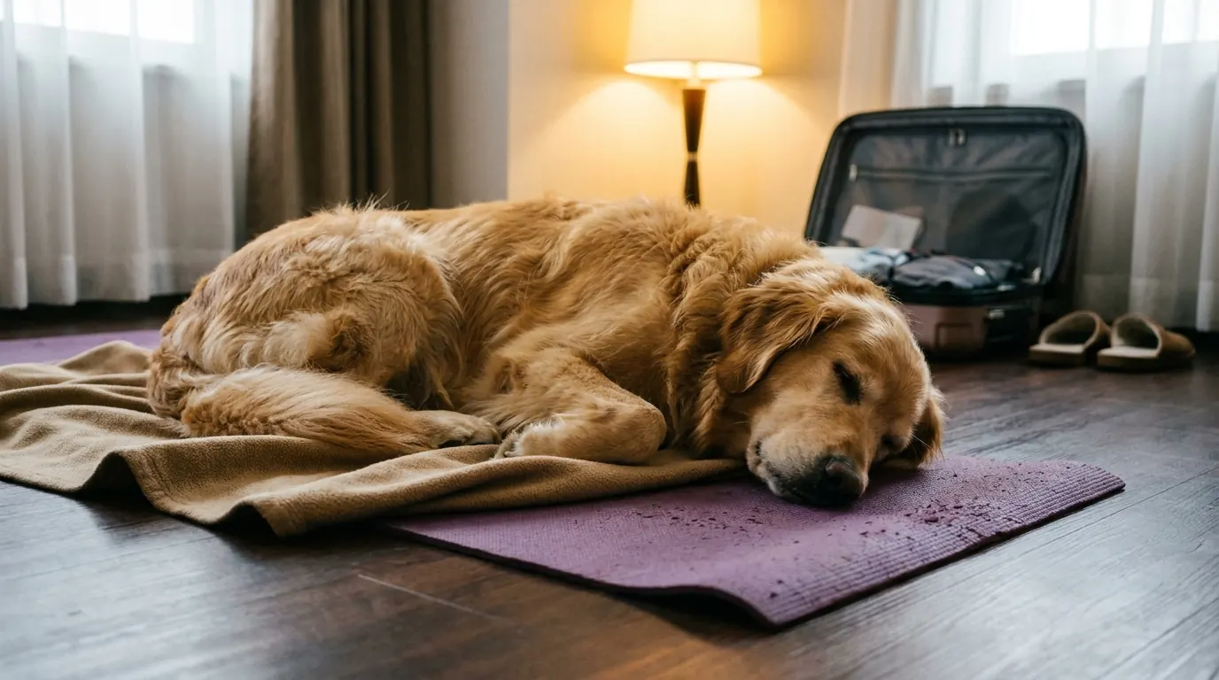 Dog sleeping on a rolled-out yoga mat on a hotel room floor, with a warm fleece blanket underneath