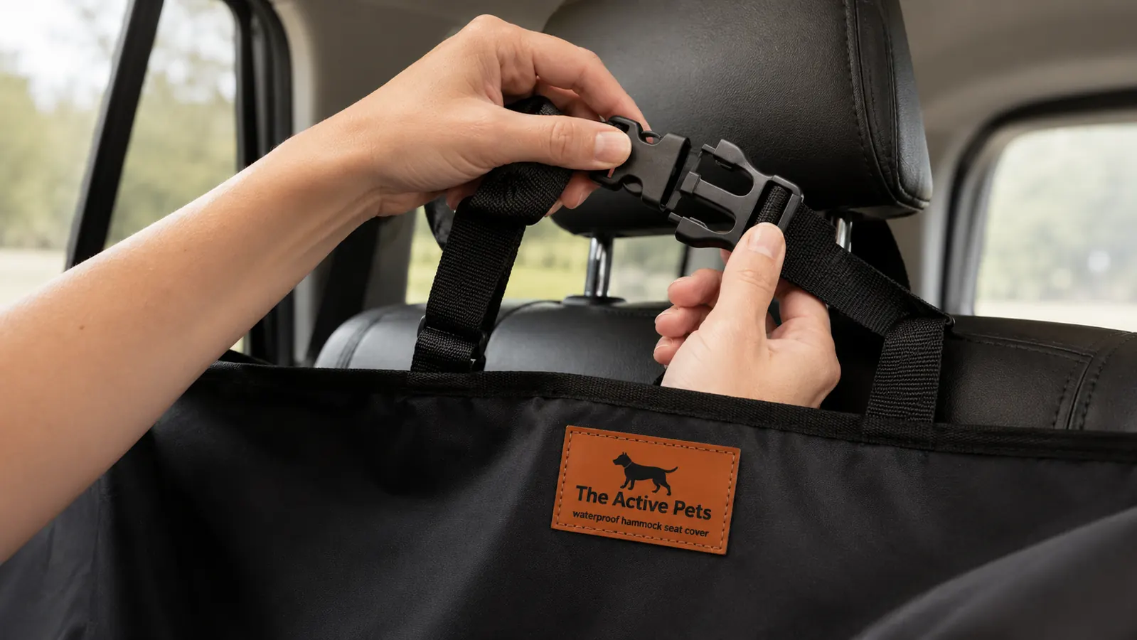 Person clipping the Active Pets hammock seat cover headrest straps in an SUV