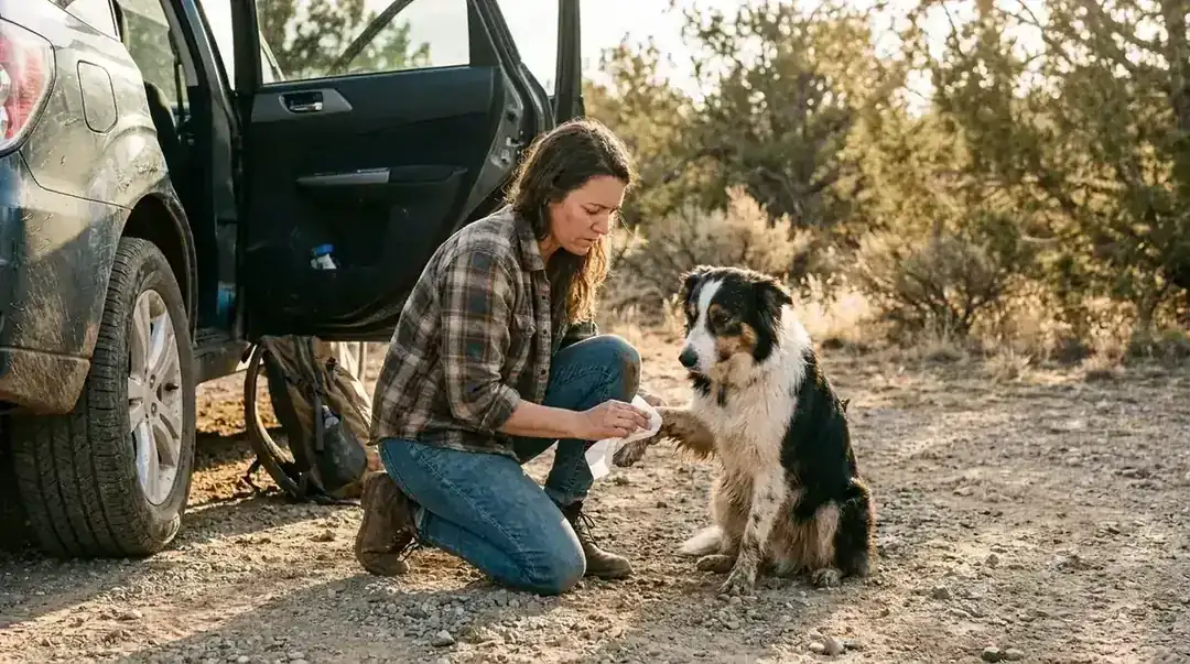 Dog owner wiping muddy paw with a damp paw wipe at a trailhead parking lot next to an open car door
