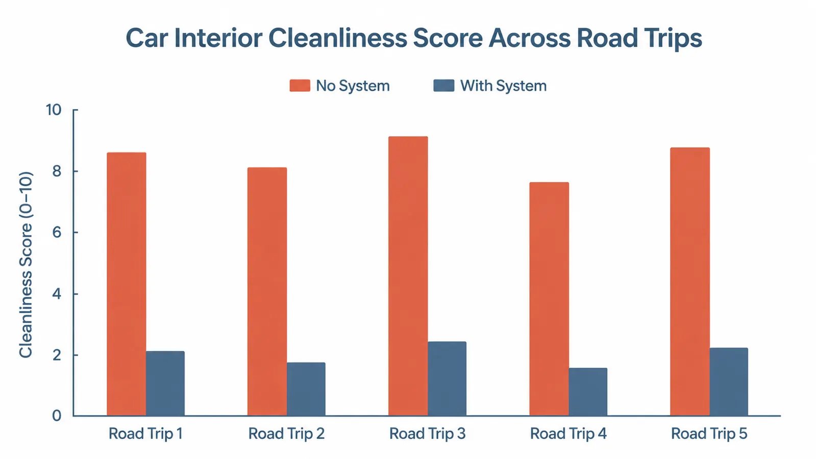 Chart showing how much dog hair and mud accumulates in a car with versus without a cleaning routine over a five-trip season