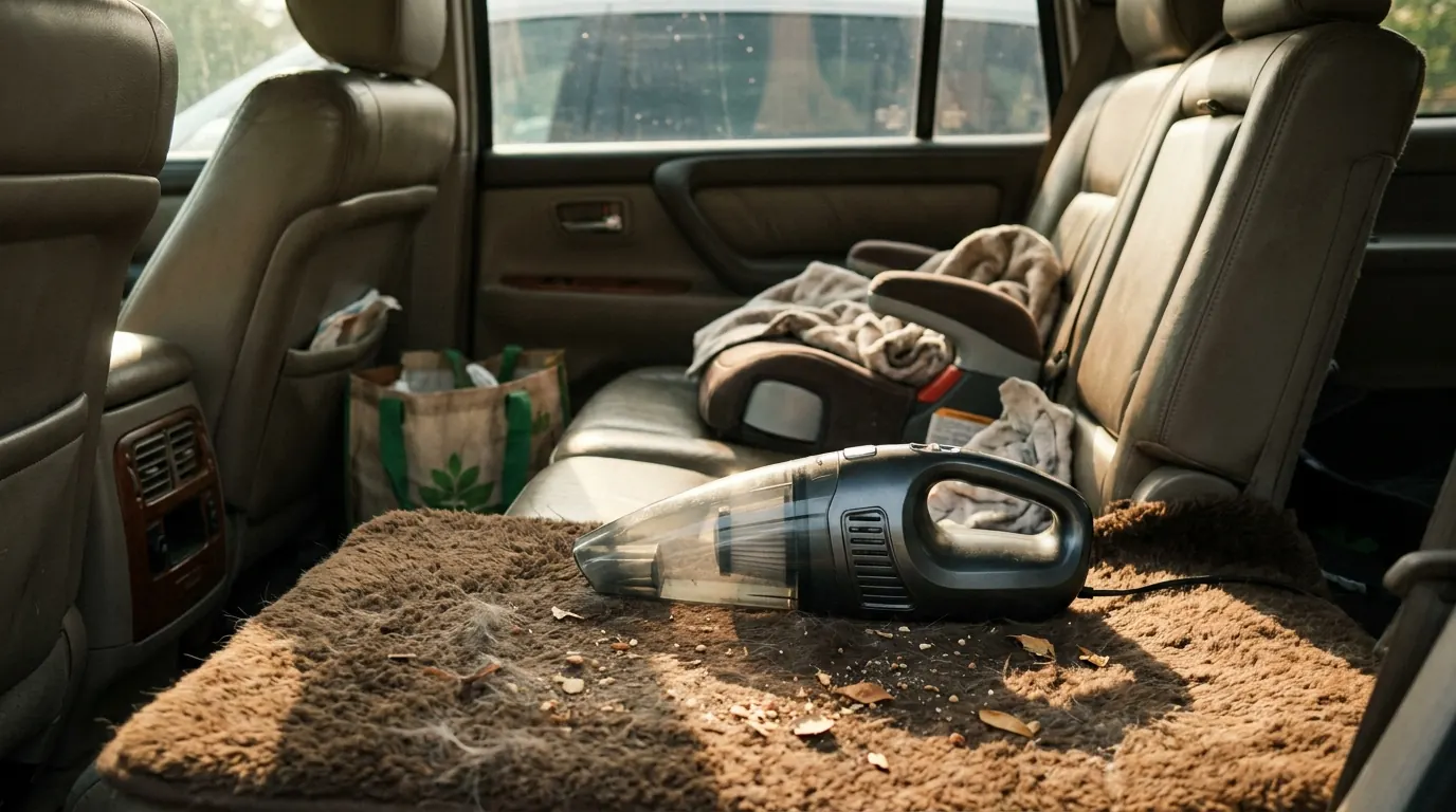 Portable vacuum on a car floor mat covered in golden retriever fur after a long drive