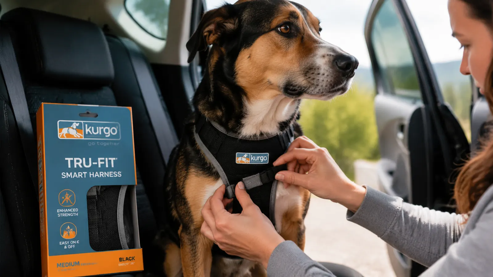 Person adjusting the chest strap on a dog car harness while dog stands calmly on backseat