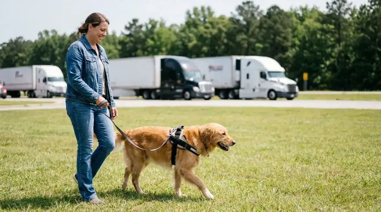 Dog and owner at a highway rest stop, dog on leash wearing harness, grassy median strip