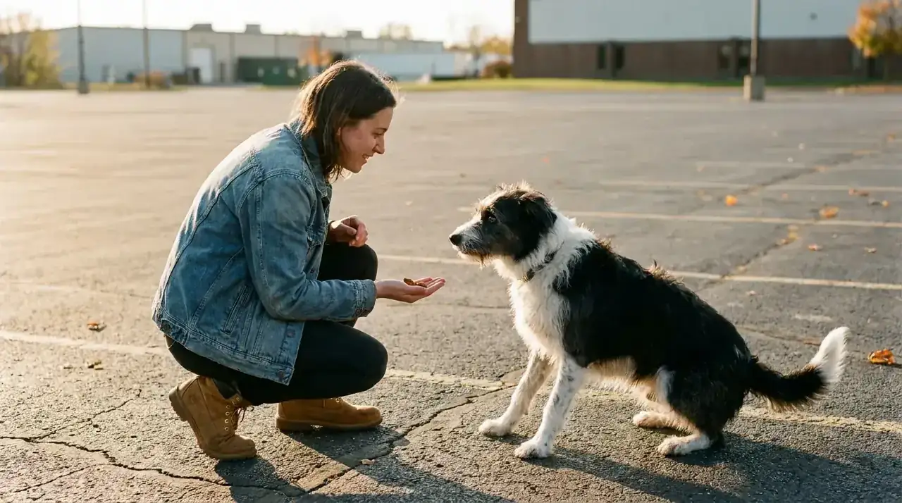 Dog owner practicing look-at-me cue with border collie mix in a quiet parking lot before a trip