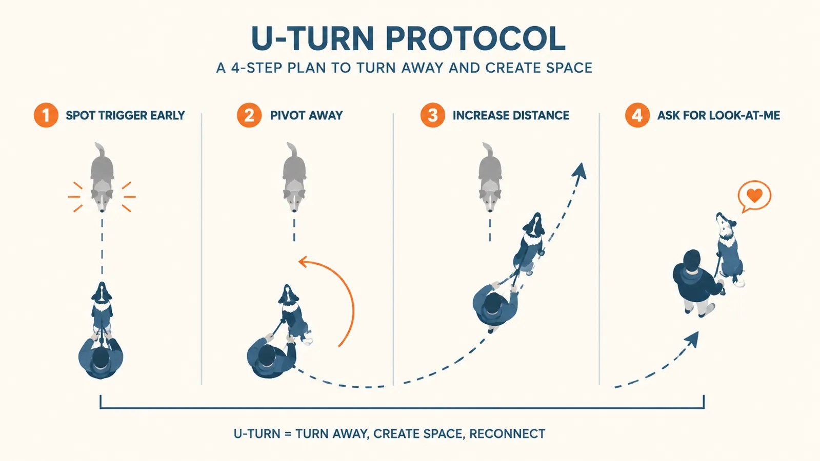 Chart showing the U-turn protocol: dog sees trigger, owner pivots 180 degrees away, creates distance, dog refocuses