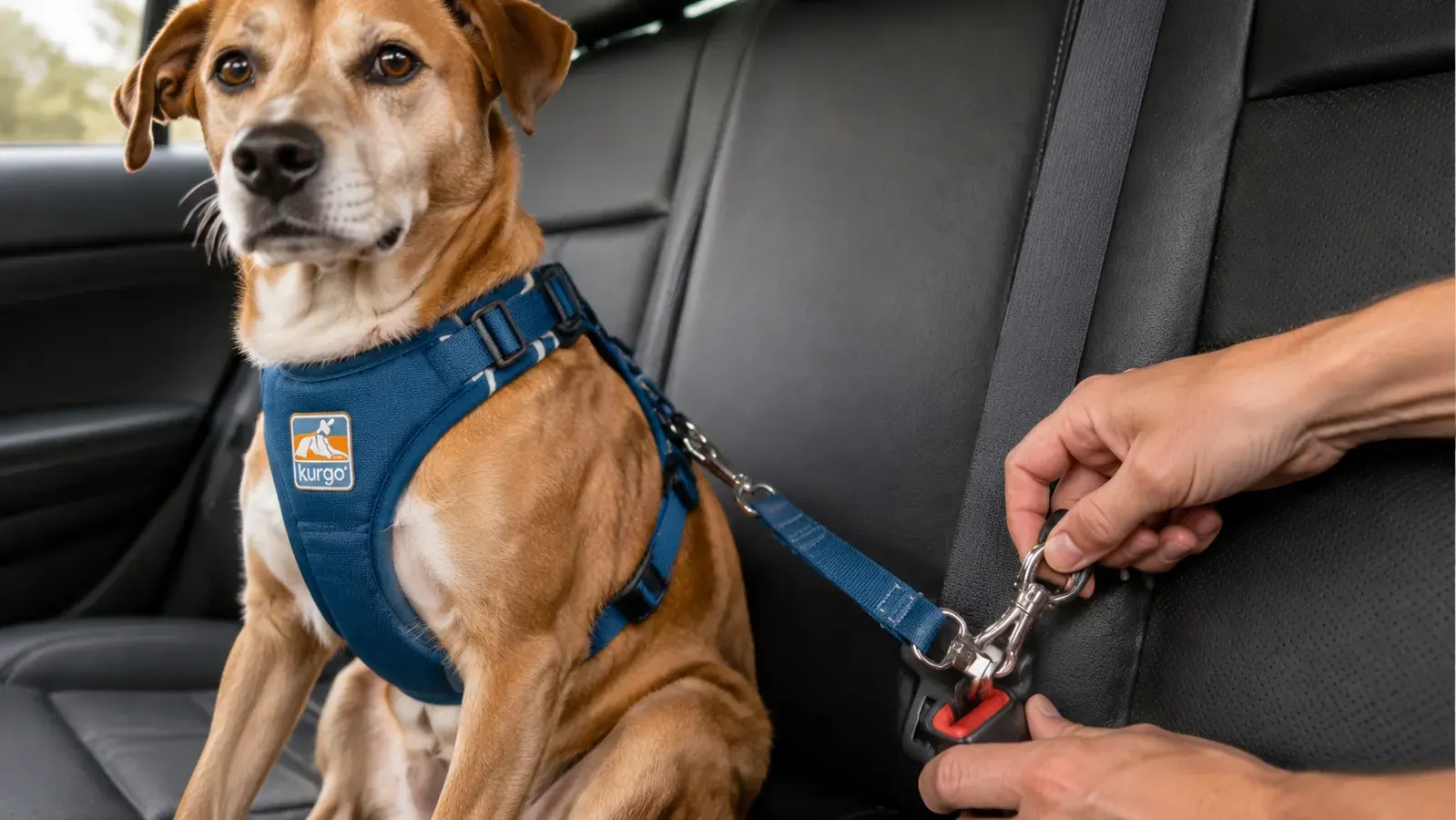 Dog wearing a padded car harness clipped into a seatbelt buckle in the back seat