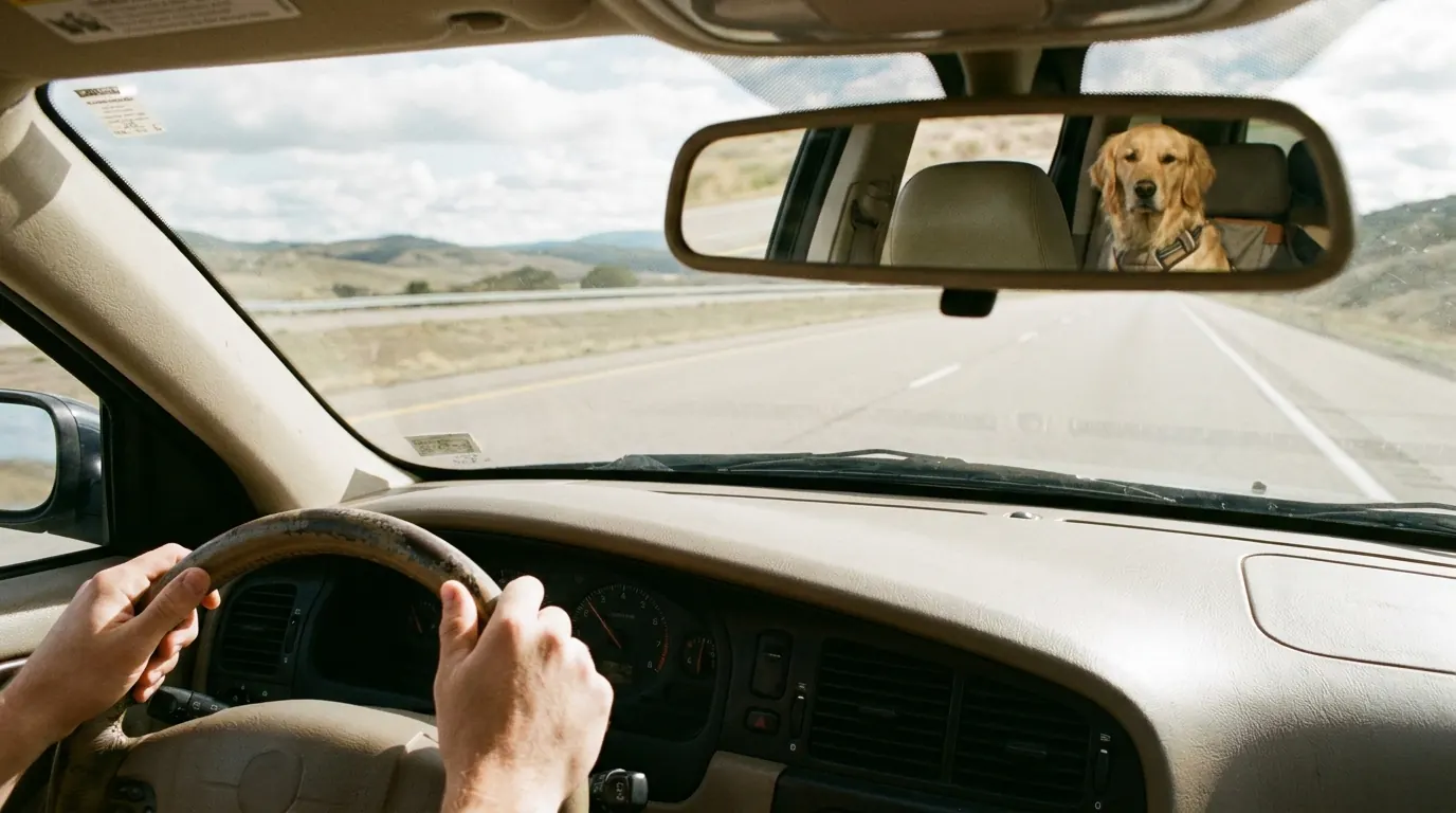 Woman's hands steady on a steering wheel on a highway, relaxed posture, dog safely visible in rearview mirror