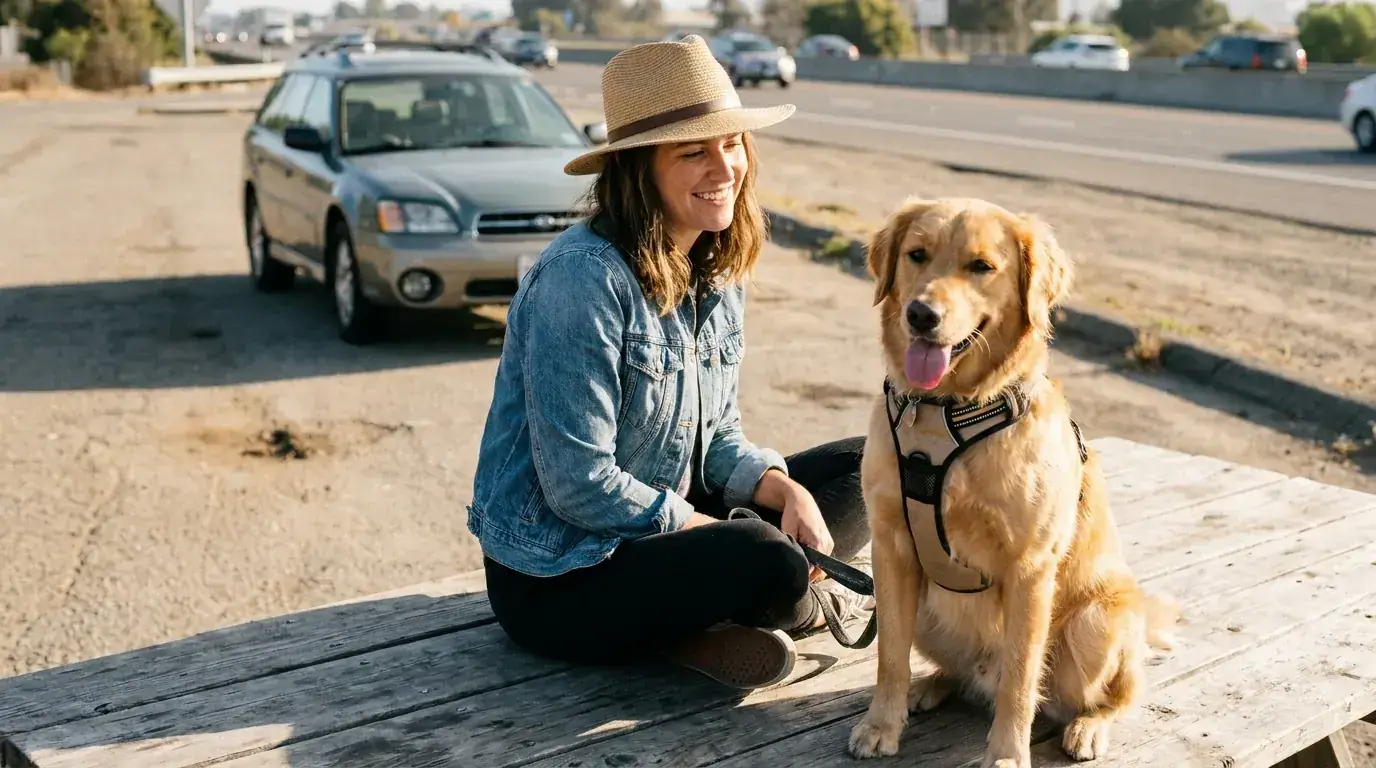 Dog and owner at a sunny rest stop, dog on harness and leash standing on grass
