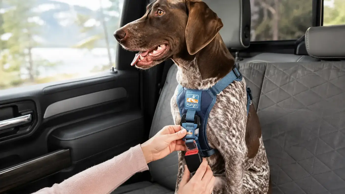 Woman clipping the Kurgo Tru-Fit harness into a vehicle seat belt buckle before a drive