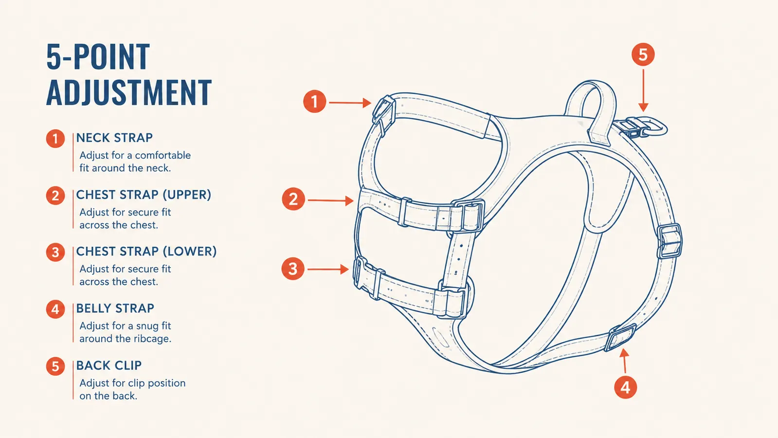 Diagram showing the five adjustment points on the Kurgo Tru-Fit harness with labeled straps