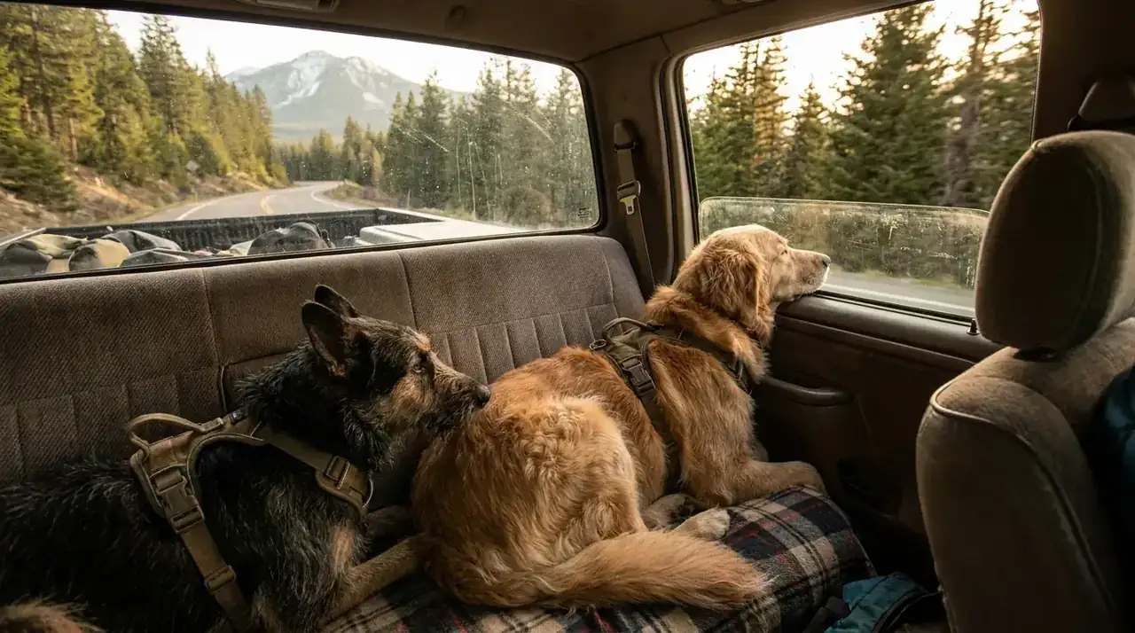 Two dogs in a truck bed with harnesses on, one resting and one looking out the window at a mountain landscape