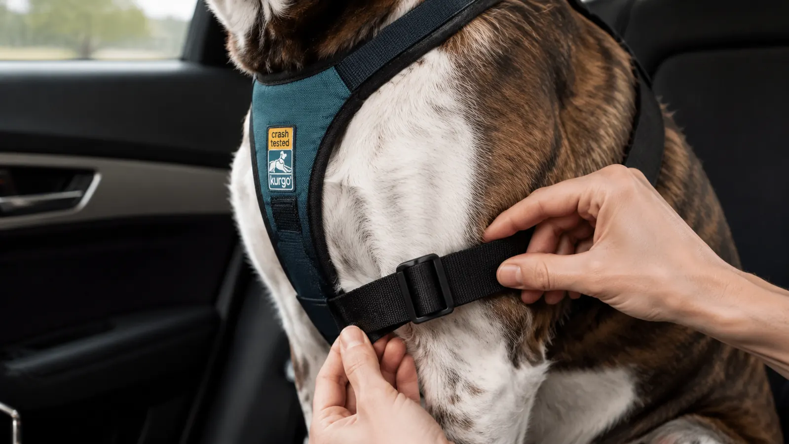 Close-up of the Kurgo Tru-Fit harness belly strap adjusted on a dog, showing the strap positioning