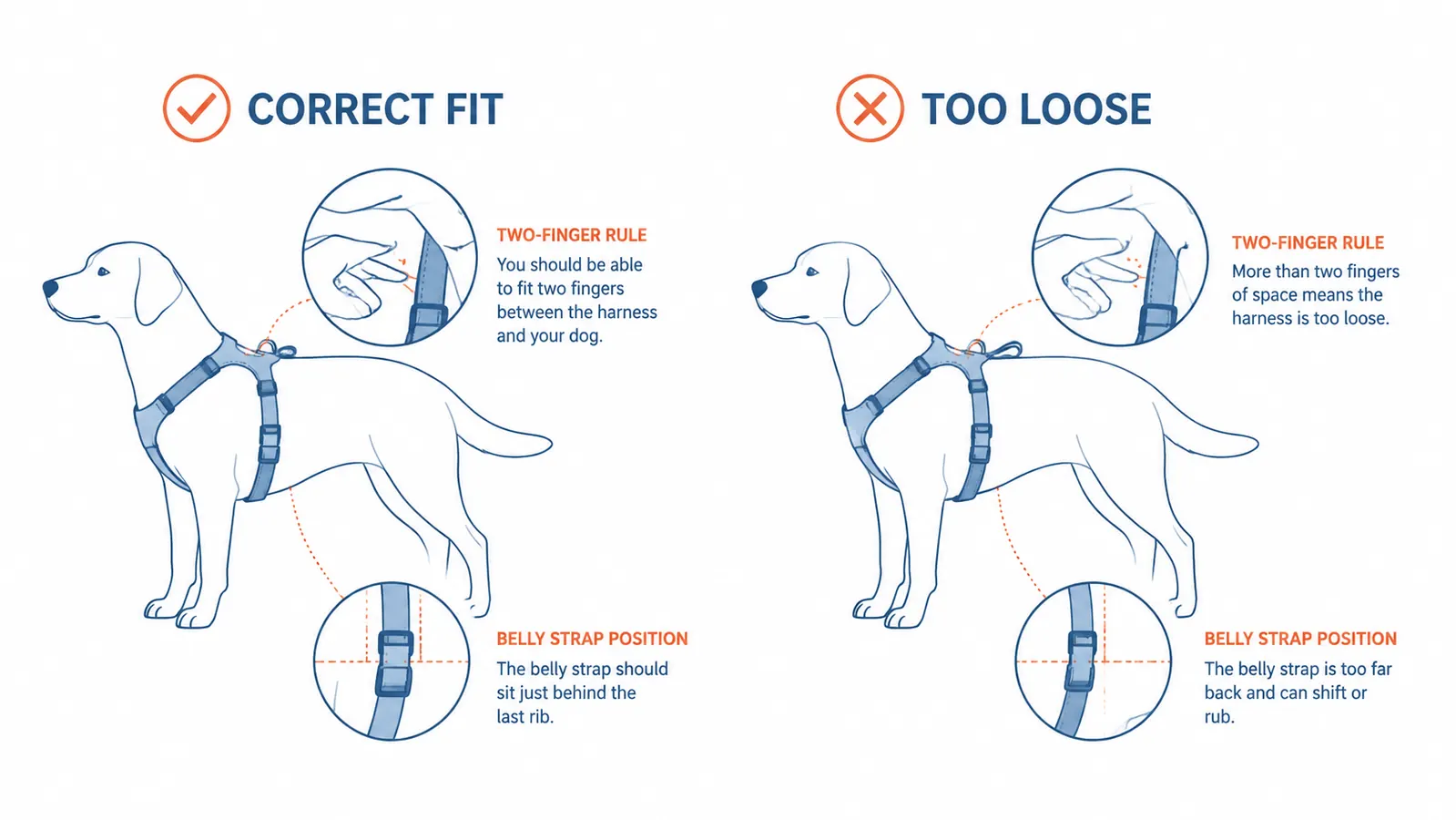 Diagram showing correct versus too-loose harness fit on a dog, with arrows indicating pressure points