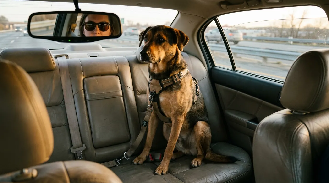 Dog sitting calmly in a car back seat wearing a harness attached to a seat belt, with owner visible in front seat